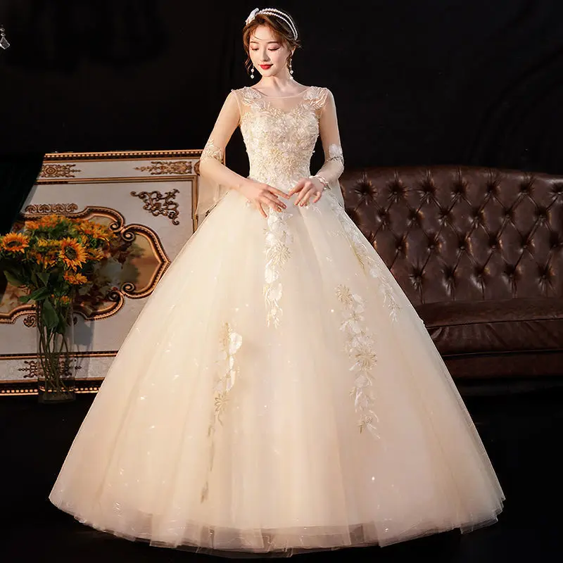 

Champagne long sleeve main wedding dress 2023 new bride Qi Di French light gauze sen out of the simple yarn