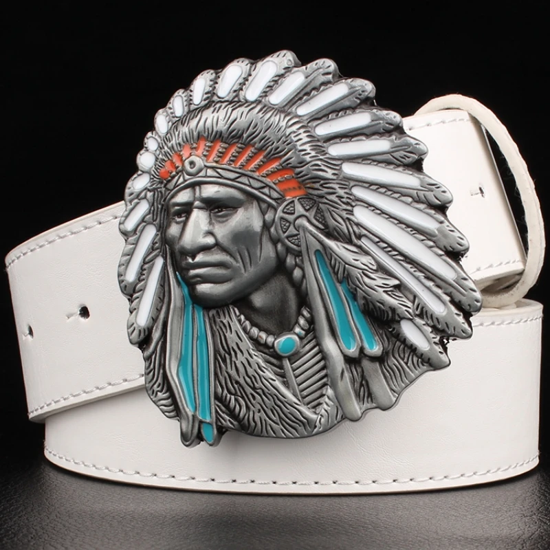 Fashion Men Belt Indian Chief Sign Metal Buckle Man Punk Rock Style  Native American Head Men\'s Lleather Waistband Hip Hop Girdl