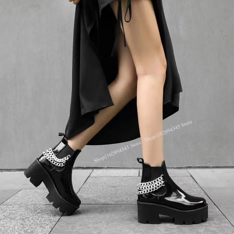 

Black Chain Elastic Shallow Platform Boots Mid Calf Chunky Heel Cool Fashionable Sexy Summer 2023 Woman Shoes Zapatillas Mujer