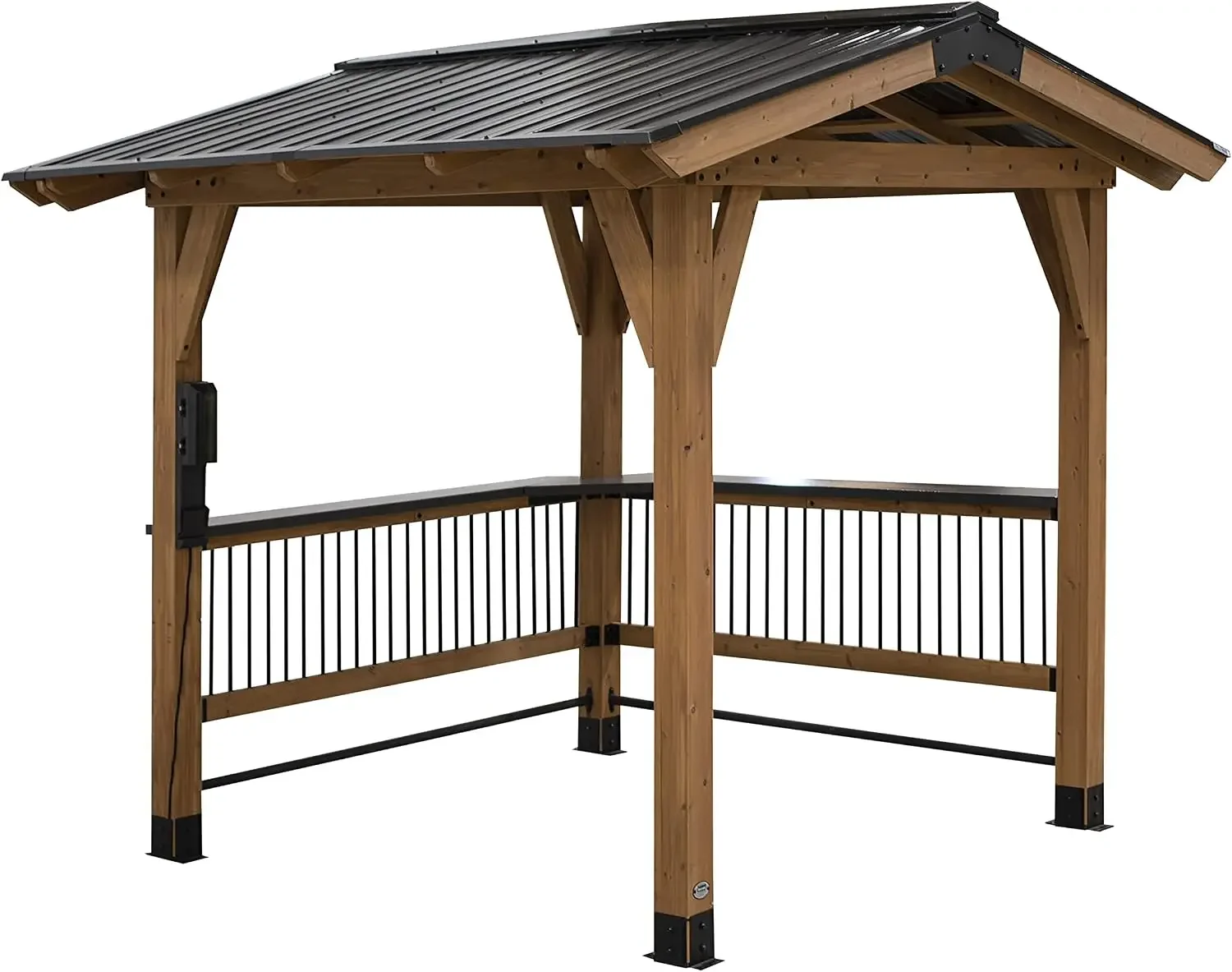 Granada 10' x 9' Cedar Wood BBQ Grill Gazebo Pavilion with Hardtop Galvanized Steel Roof, Bar Tops, Powerport, Snow Support, Win