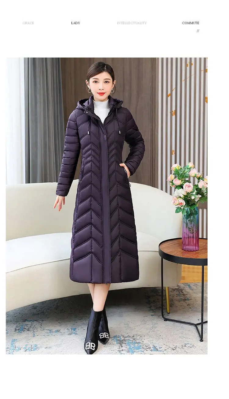 Mom's Long Down Cotton Jacket 2026 Winter New Fashion Slim Hooded Coat Women's Warm Parker Overcoat Solid Female Casual Jackets