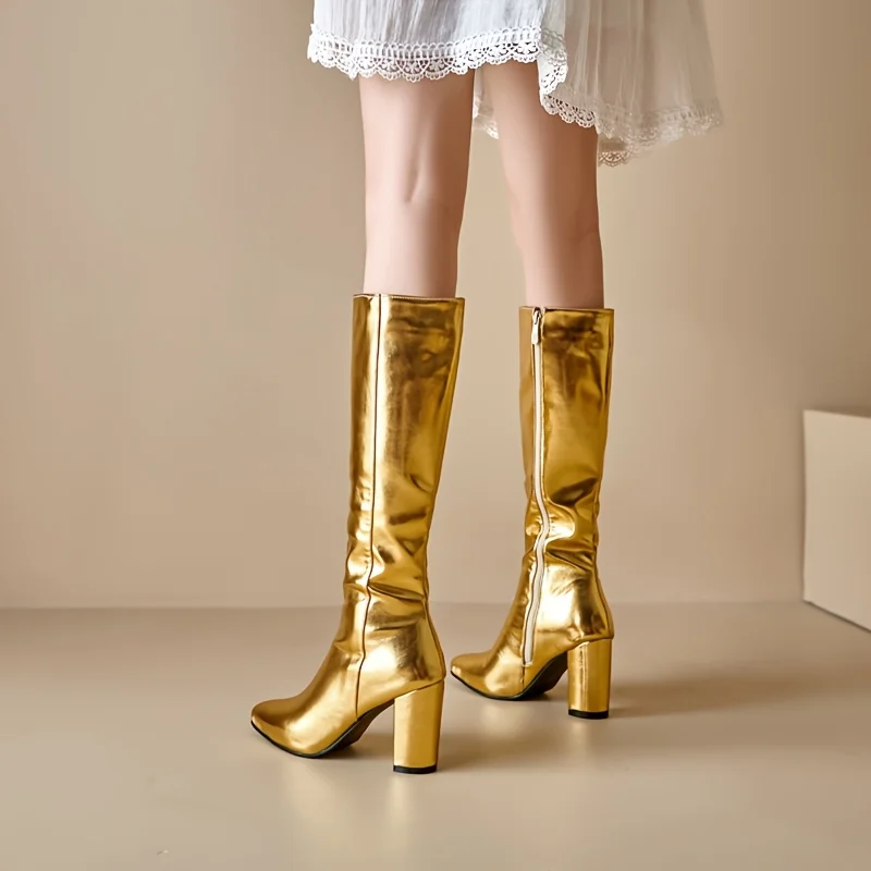 

Metallic Gold Knee High Boots with Chunky Heel and Side Zipper Design for Party Statement Style
