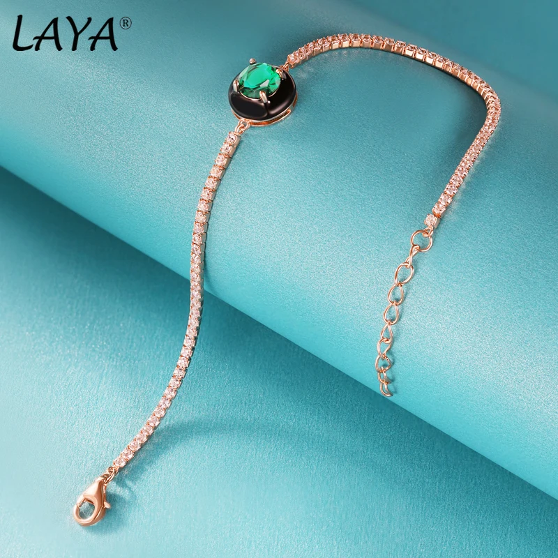 LAYA 925% 100 sterling silver elegant black enamel new fashionable shiny green zircon bracelet 2024 women's exquisite jewelry