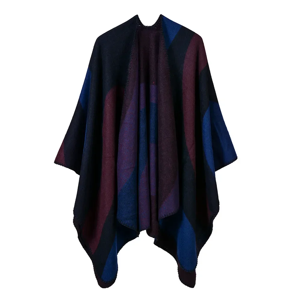 Women's New Geometric Color Matching Simple Leisure Office Beach Shawl Europe America Cape Ponchos Lady Coat