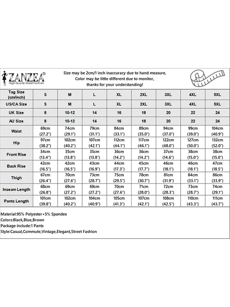 ZANZEA-Calça casual de perna larga feminina, cintura alta, pregas, feriado, solta, calça sólida, bolso de escritório, longo, moda, 2022