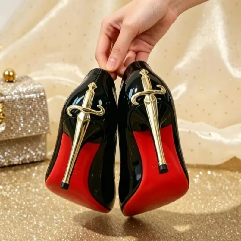 2026 New Red Sole High Heels Women's Thin Heel Pointed Toe Metal Sword Sexy Lady Black Painted Leather Single Shoes
