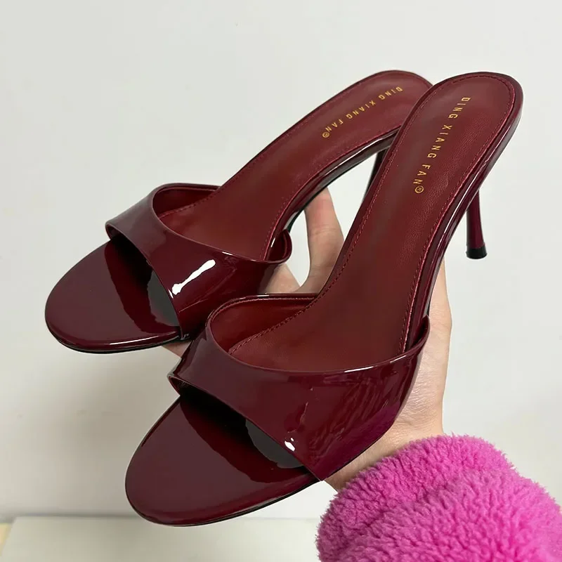 

High Quality Patent Leather Open Toe Women Slippers Summer Fashion Round Toe Thin Heel Slide Sandals Sexy Party Brand Dress Shoe