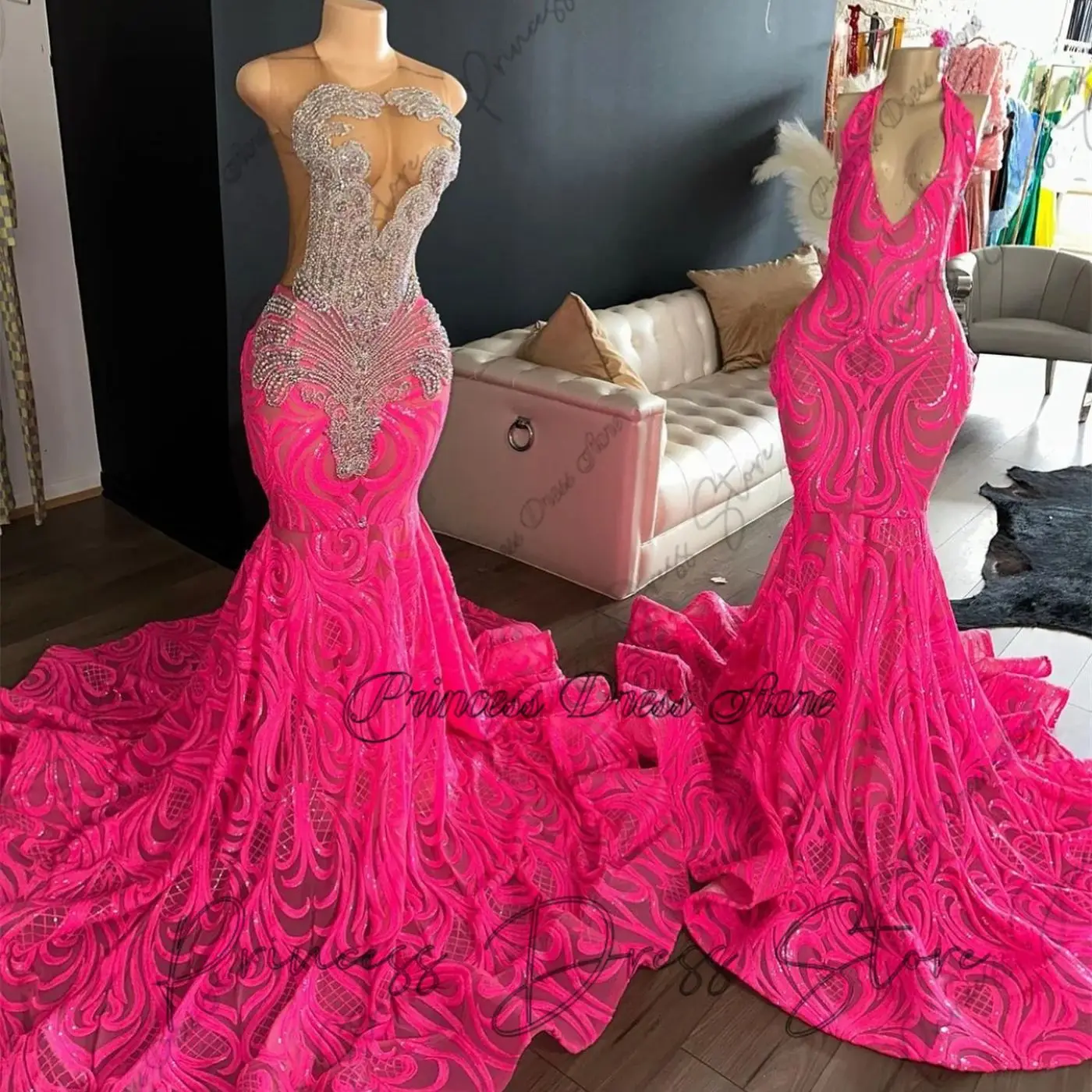 Luxury Crystal Diamond Long Prom Dresses 2025 For Black Girls Sparkly Mermaid Style Design Version Sequin Prom Gowns With Train