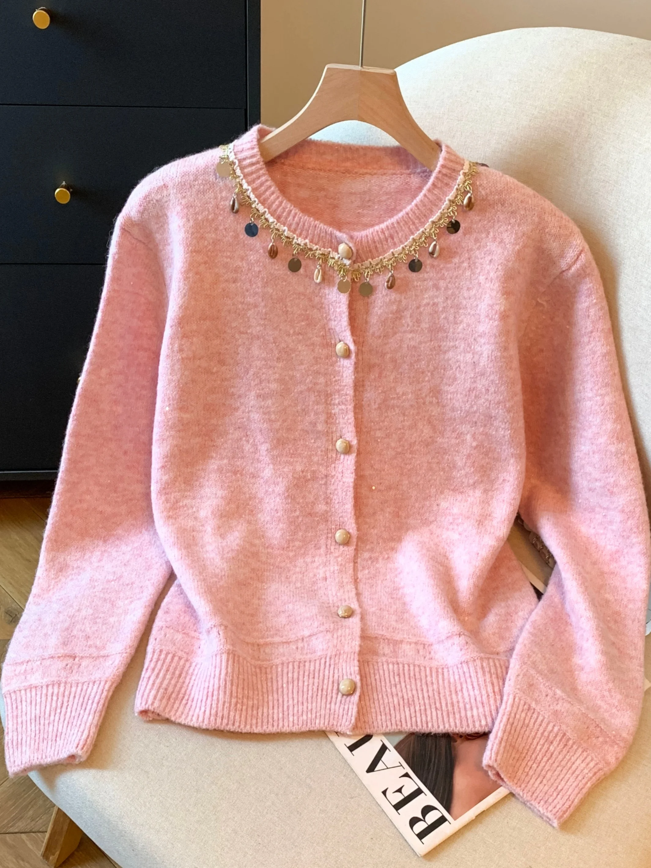 

Pink Knitted Open Cardigan Women's Bohemian Style round Neck Single Button Sweater Coat Autumn Winter New Arrival Strai...