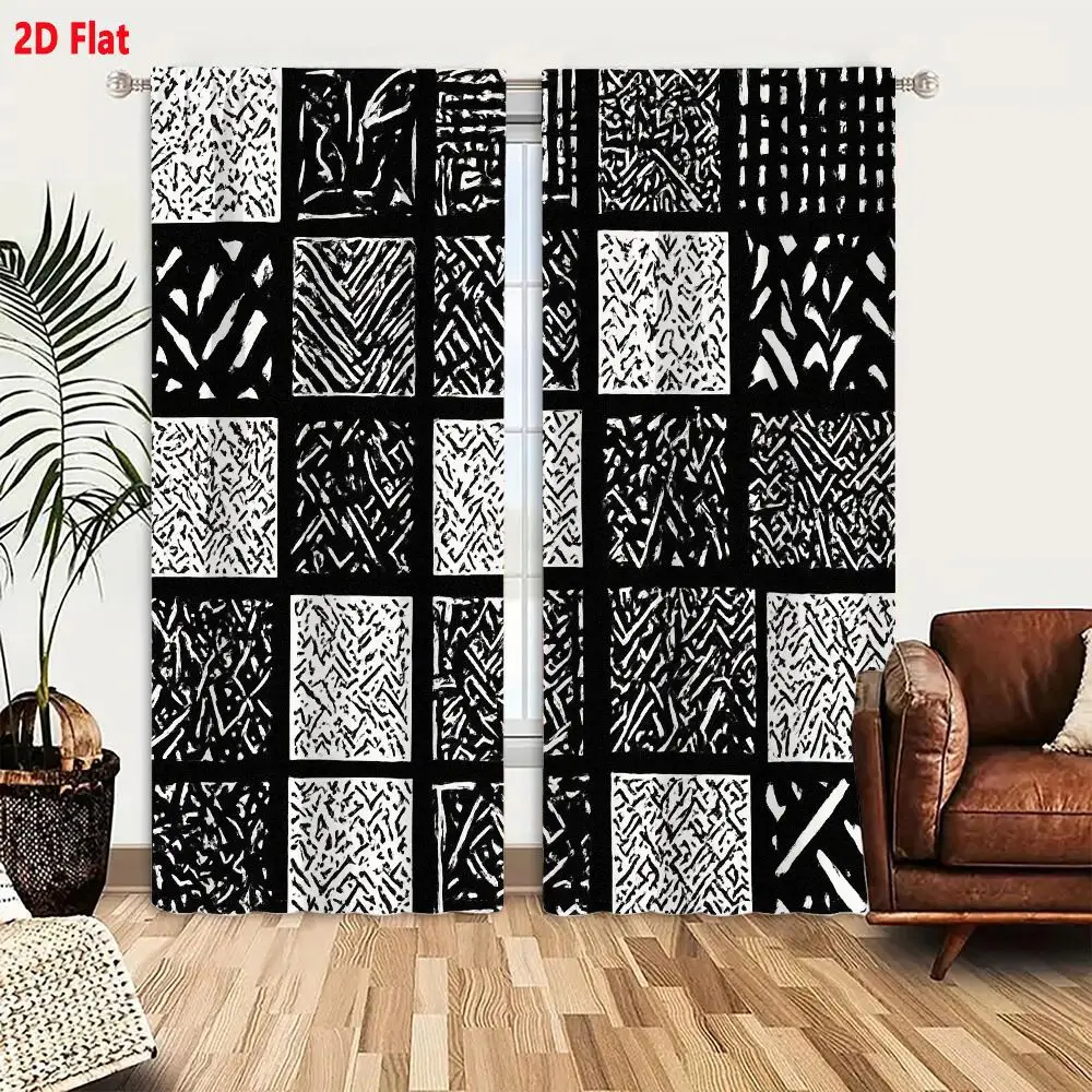 2Pcs Curtains 2D Flat 5x5 Grid Abstract Patterns Black And White Monochromatic Graphic Art With Unique Square Textures Including