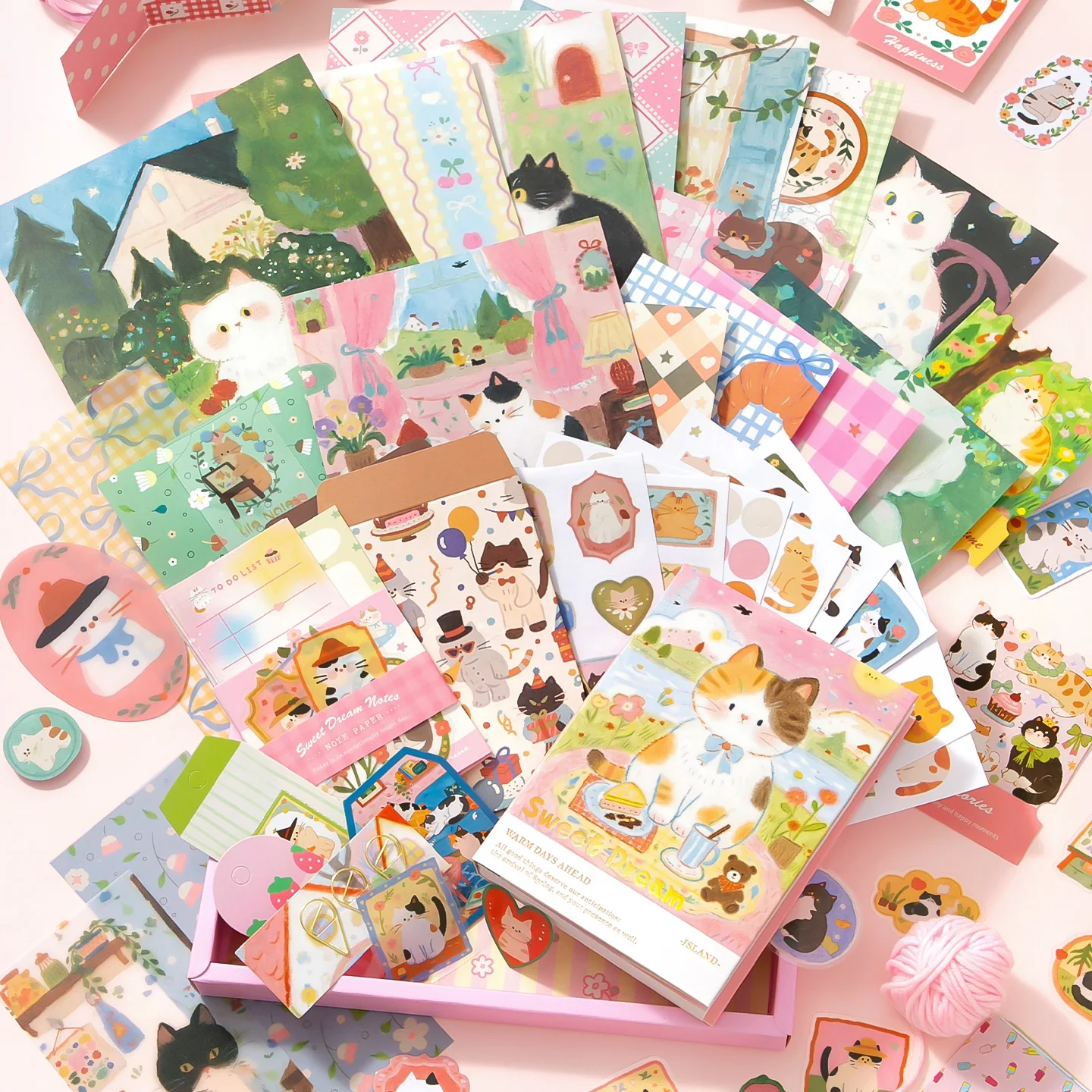1Box Kawaii Cat Journal Stationery Gift Box, Washi Tape Stickers Memo Paper Scrapbook Kit
