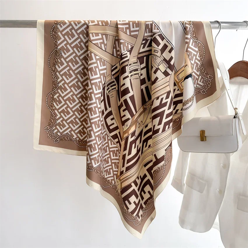 ผ้าเช็ดหน้า ผ้าไหมพันผม ผ้าพันคอไหมซาตินพิมพ์ลาย ขนาด 90*90 ซม. ผ้าพันคอไหมสี่เหลี่ยมผืนผ้าขนาดใหญ่ ผ้าคลุมไหล่สำหรับผู้หญิง แบรนด์หรู ดีไซเนอร์ ผ้าคลุมศีรษะแบบฮิญาบ
