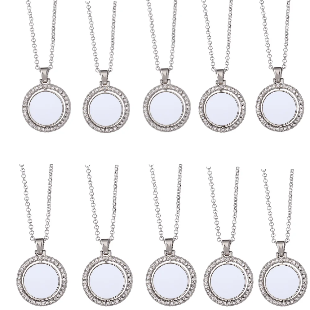 10pcs Rhinestones Pendant Necklaces Round Rotate Design Pendant Necklace Sublimation Blanks For Heat Transfer Print Unique Gift