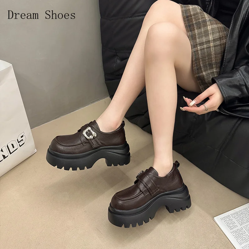

Korean Style Thick Soled Soft Leather Loafers For Women, Versatile Height Increasing Leather Shoes Paired With Skirts For Spring