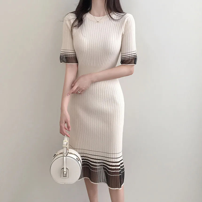 REALEFT Summer Mesh Patchwork Women\'s Midi Dresses 2024 New Vintage Short Sleeve O-Neck Korean Sheath Wrap Dress Female