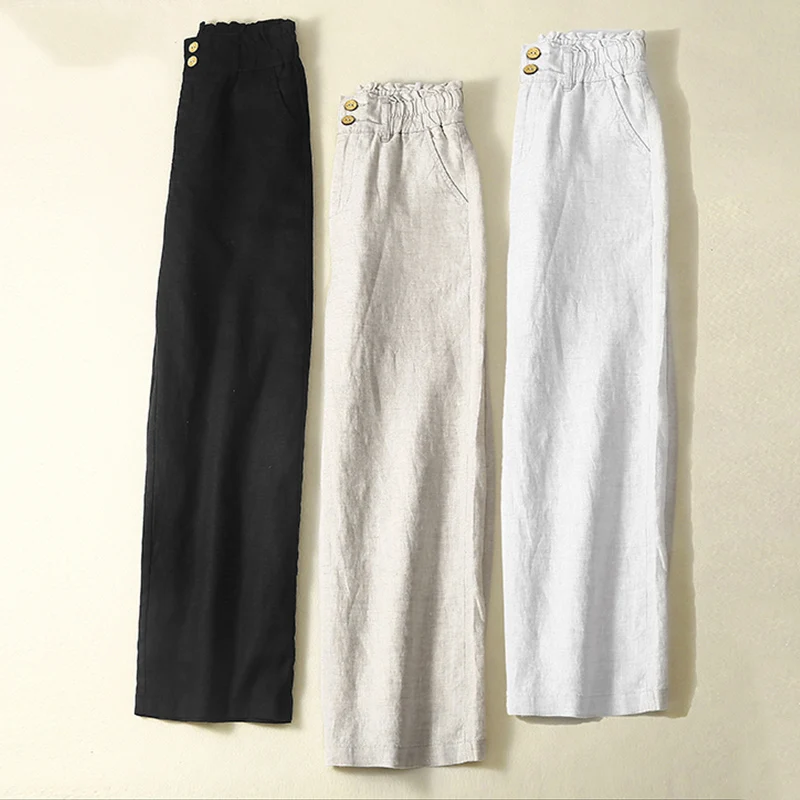 면 린넨 컬러 캐주얼 팬츠 엘라스틱 웨이스트 투 버튼 와이드 레그 하이 웨이스트 여성 루즈핏 아젤 린넨 롱 썸머