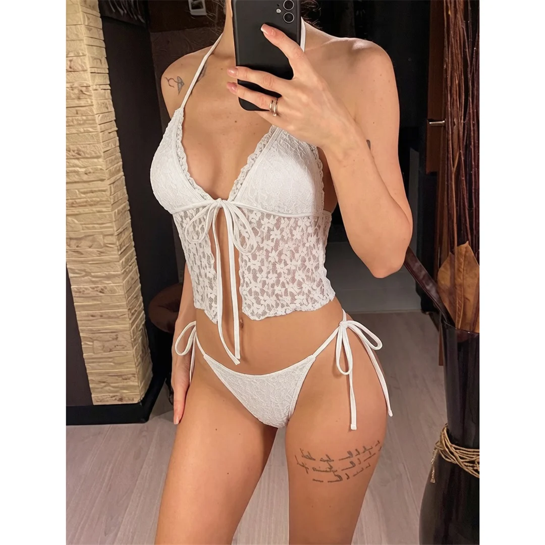 Tankini mit Blumenmuster, Neckholder-Bikini, Damen-Badebekleidung, zweiteiliger Bikini-Set, gepolsterter Badeanzug, Badeanzug, Schwimmbekleidung V8399 – Detail 3