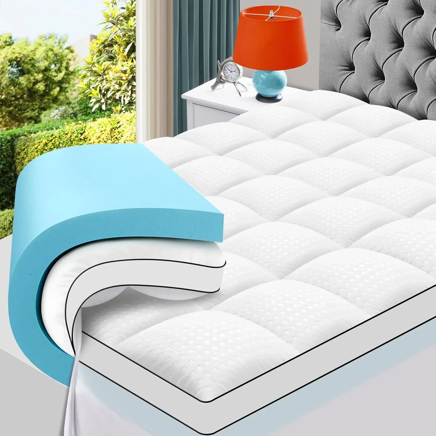 Dual Layer 4 Inch Memory Foam Mattress Topper, 2 Inch Gel Memory Foam and 2 Inch Cooling Pillow Top Mattress Pad Cover