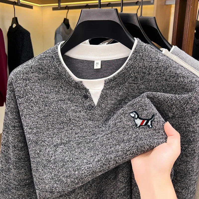 Fashion Trend Solid Color Men's Fake Two‑Piece T-Shirt Autumn Winter Comfortable Long Sleeved Pullover Tops Business Men's Wear