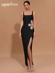 2024 Sexy Women Hollow Flower Water Diamond Bandage Dress Camisole Sleeveless Bodycon Long Dress Cocktail Evening Party Vestido