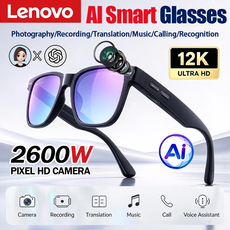 Lenovo AI Smart Glasses 12KHD 2600W AI Translation ChatGPT Logging Hands-Free Calling Music Playback Men Women Smart Sunglasses