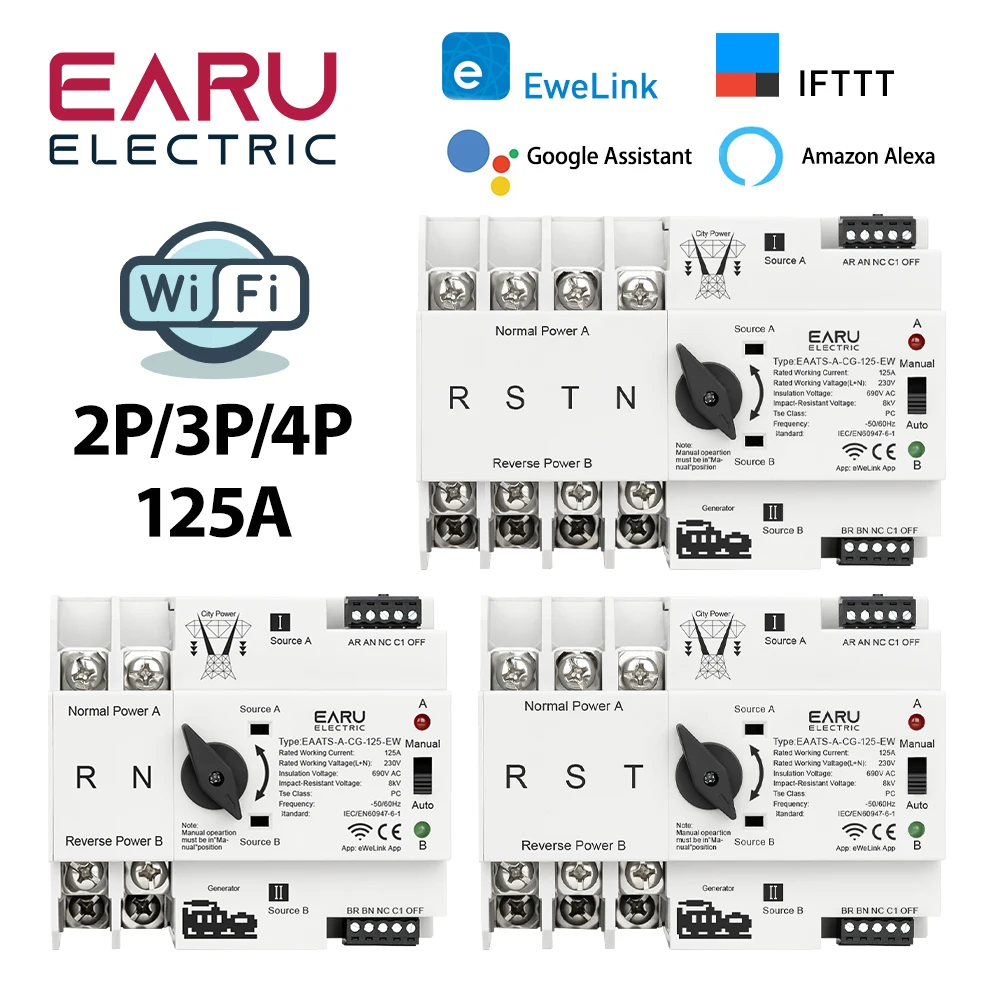 eWeLink WiFi Smart Remote Control 2/3/4P 125A AC 230V ATS Dual Power Automatic Transfer Electrical Selector Switch Uninterrupted