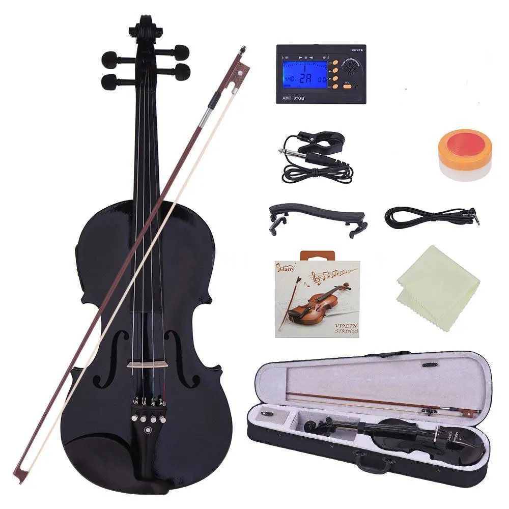 4/4 Solid Wood EQ Violin Case Bow Violin Strings Shoulder Rest Electronic Tuner Connecting Wire Cloth Black