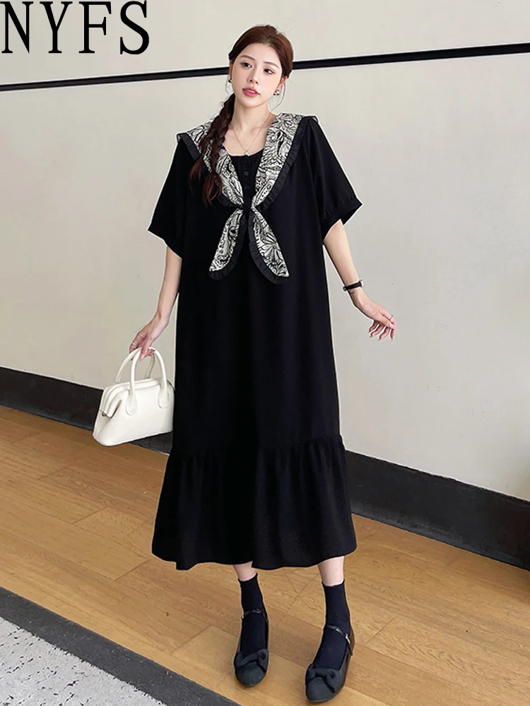 NYFS 2025 Summer New Cool and not wrinkle Women Dress Vestidos Robe Elbise Loose Plus Size Patchwork Short Sleeve Long Dresses #1