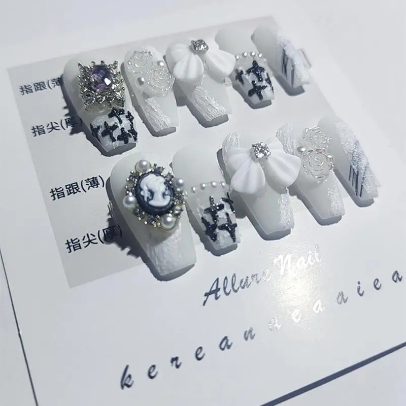 Juego de 10 piezas de uñas postizas hechas a mano de mariposa blanca, decoración de Ballet larga, perlas, manicura usable, puntas de uñas falsas