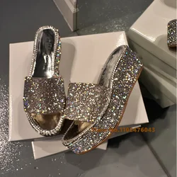 Crystal Platform Women Slippers Bling Bling Round Toe High Heel Runway Party Slides Summer Sexy Designer Dress Mules Shoes