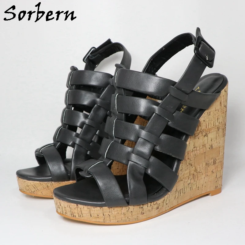 Sorbern Black Matte Wedge Sandals For Women Multi Straps Slingback Cork Platform Summer Shoes Custom Multi Colors