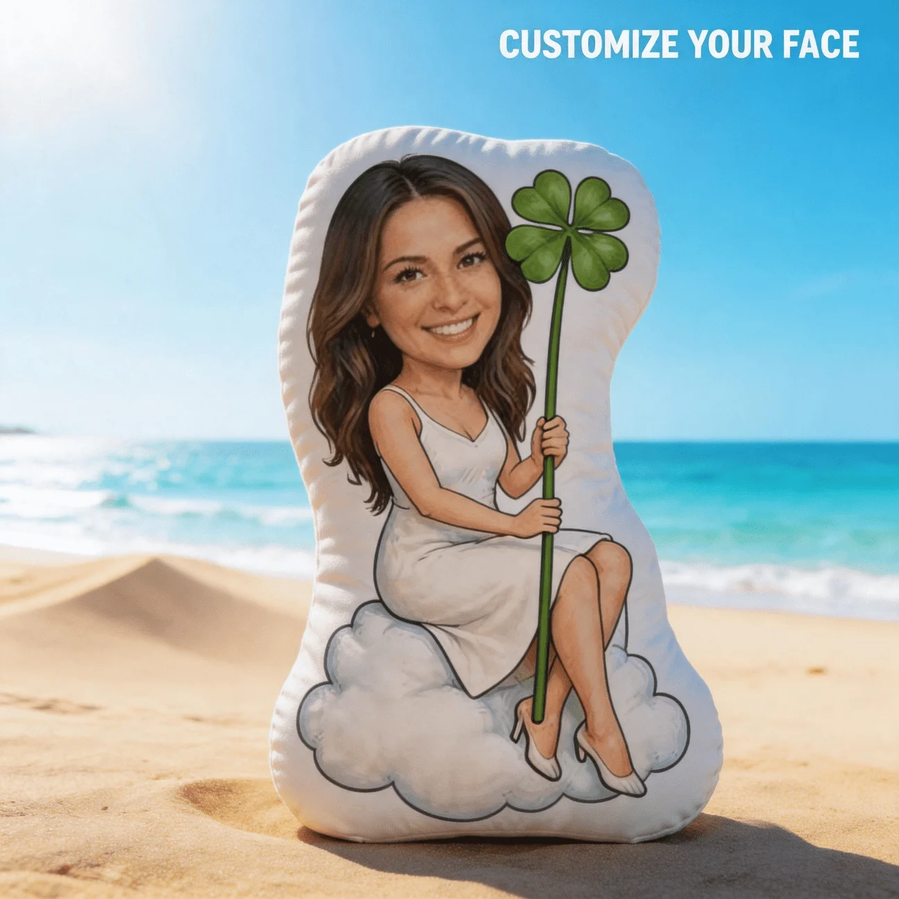 Custom Personalized Photo Face Pillow, Woman Holding Lucky Clover on Cloud Custom Shaped Decorative Cushion, Unique Home Decor A