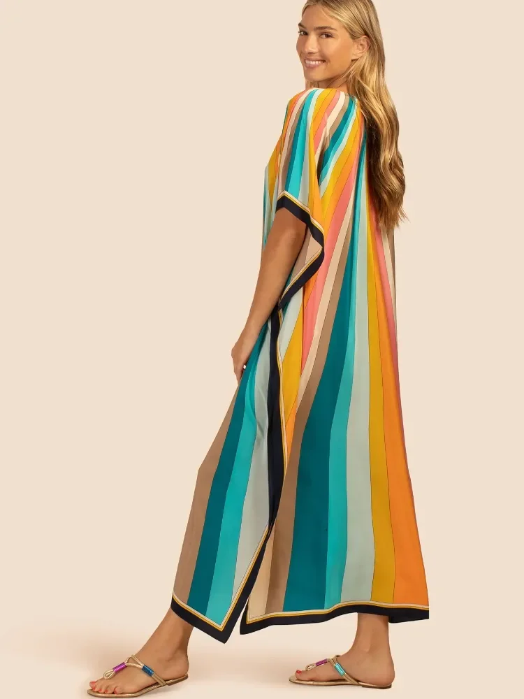 Beach Cover Ups Rainbow Stripe Tie Dye Kaftans for Women Short Sleeve Elegant Bathing Suits Maxi Dresses Dropshipping