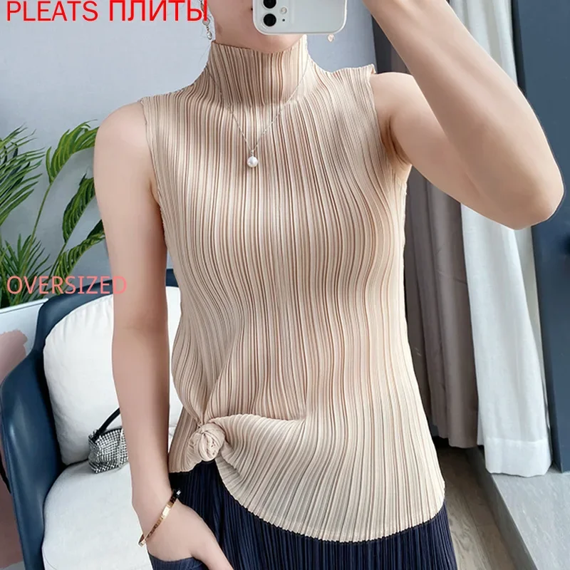 Miyake Fold Slim Slimming Sleeveless High-Neck Temperament Base Vest, Pleats One Piece Corset, Summer Top