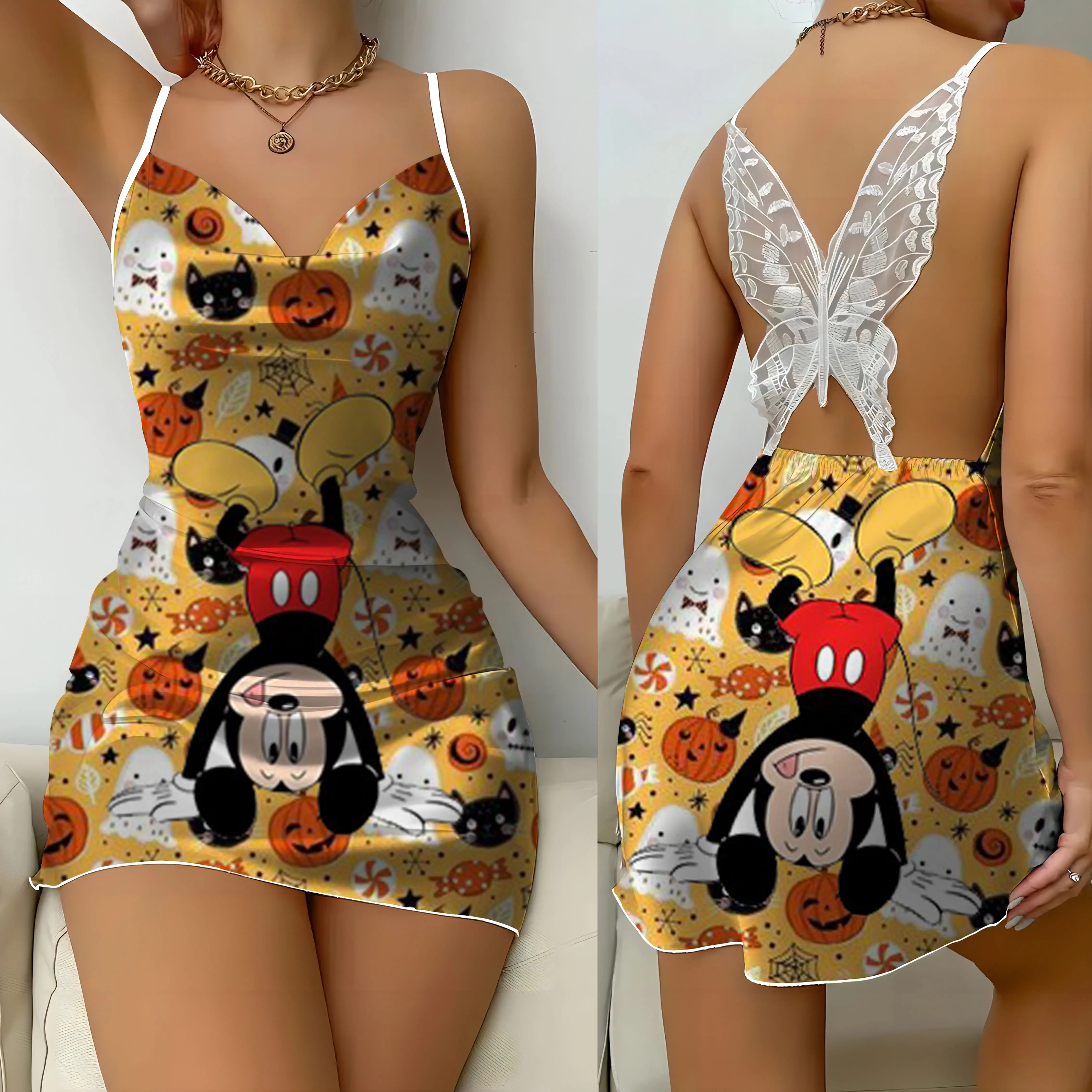 Minnie Mouse Stitch Backless Jurk Sexy Jurken Mickey Strik Knoop Disney Satijn Oppervlak Womens Party Mini Lace Halloween Vrouw Thuis