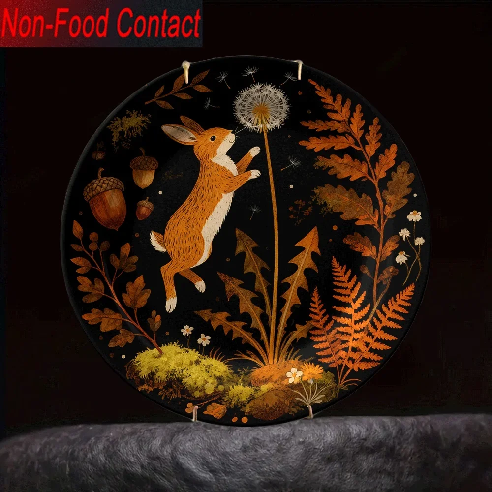 2D Flat, 1pc Hand-Painted Ceramic Decorative Plate - Non-Food Contact Wall Art with Orange Rabbit, Dandelion & Ferns, Perfect