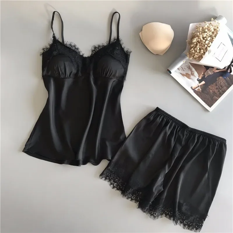 Halter Pajama Women Summer Sexy Ice Silk Two-Piece Set With Breast Cushion Shorts Plus Size Thin Home Wear.