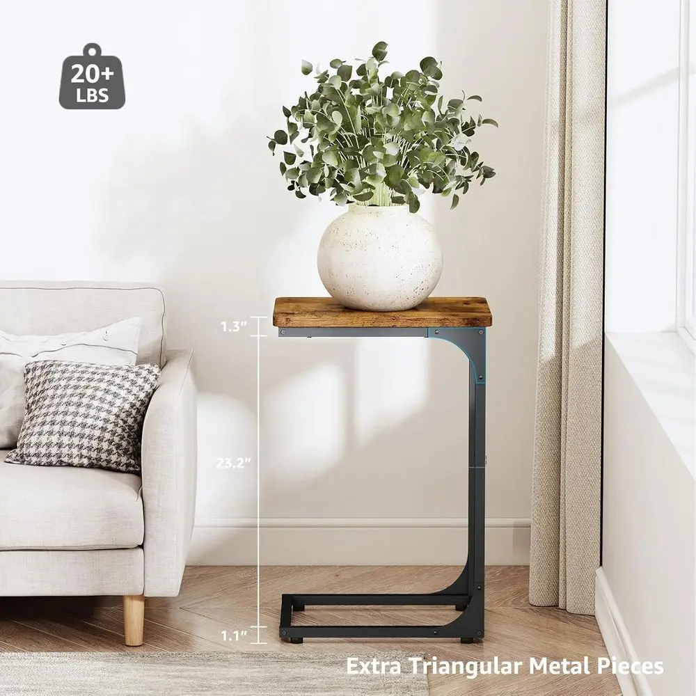 ファームハウススタイル リビングルーム用エンドテーブル2点セット、素朴なブラウン、C型ソファトレイテーブル