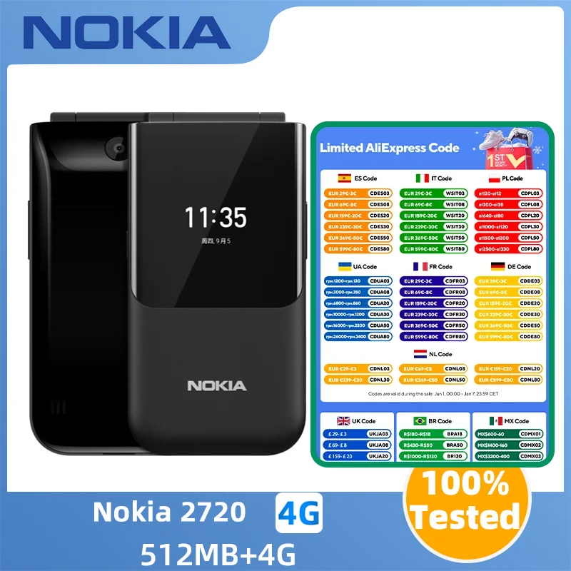 Nokia 2720 4G Phone CPUQualcomm Snapdragon 205 Battery capacity 1500mAh original used phone