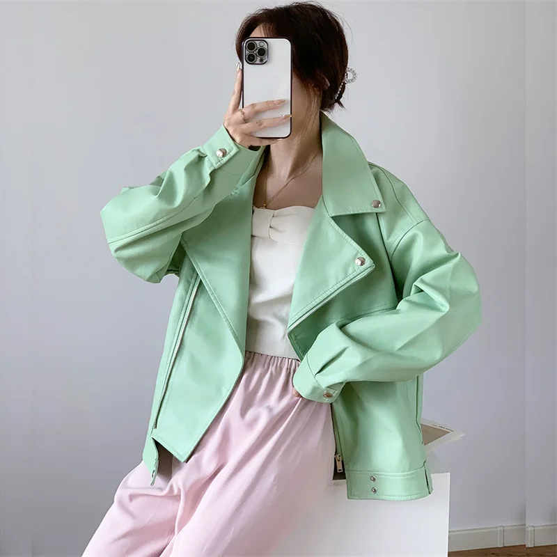 Autumn Women Short Faux Leather Coat Loose Casual Diagonal Zipper Long Sleeve Female PU Biker Jacket Black Rose Red Green Beige