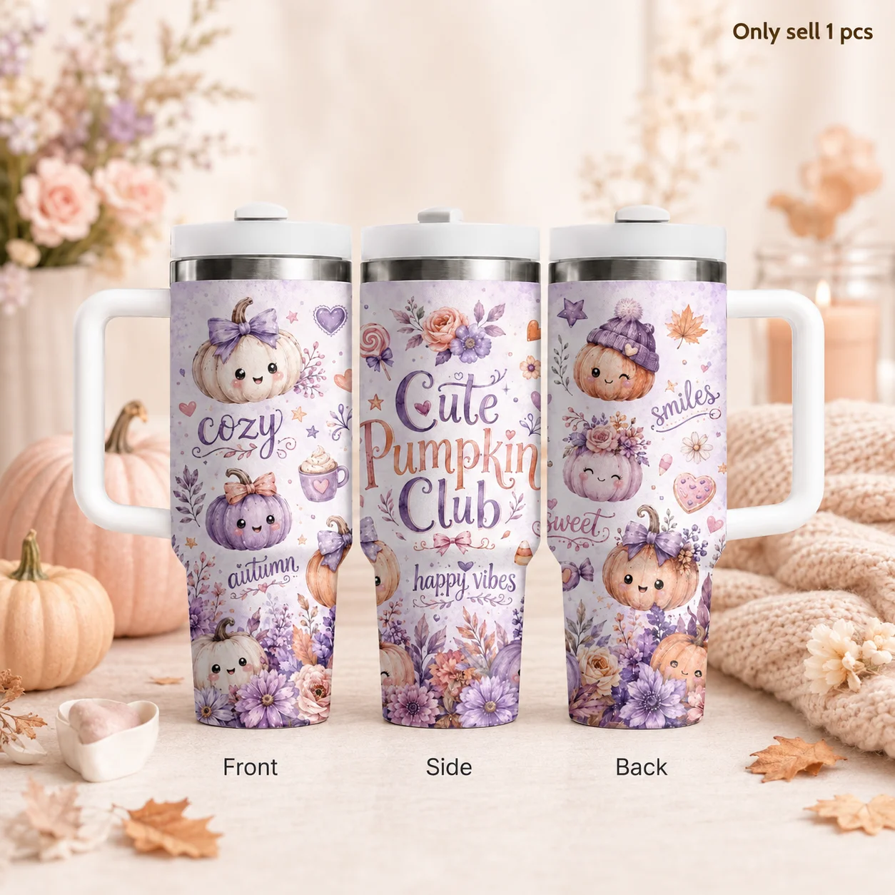 Pumpkin Smiles Fall Magic Vacuum Flasks 40oz Stainless Steel Insulated Tumbler With Handle & Straw Leakproof Travel Mug
