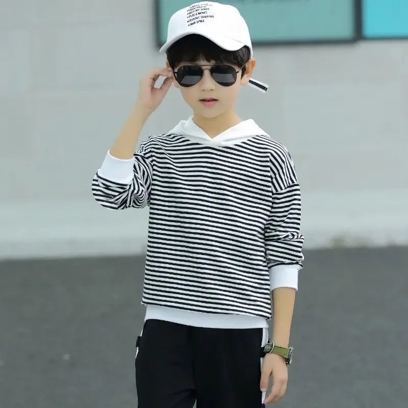 

100% хлопок, весна-осень, полосатый свитшот с капюшоном и длинными рукавами для мальчиков, топ