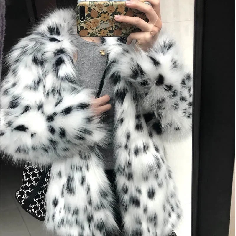 Cat Printed Imitation Fox Fur Coat Black and White Spotted Leopard Lapel Loose Coat Young Women Thick Warm Fur Outer Wear Winter