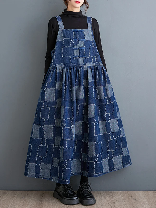 Peto vaquero de mujer de alta gama, moda otoño 2026, pantalón con patrón bordado a cuadros, falda vaquera de talla grande, ve...