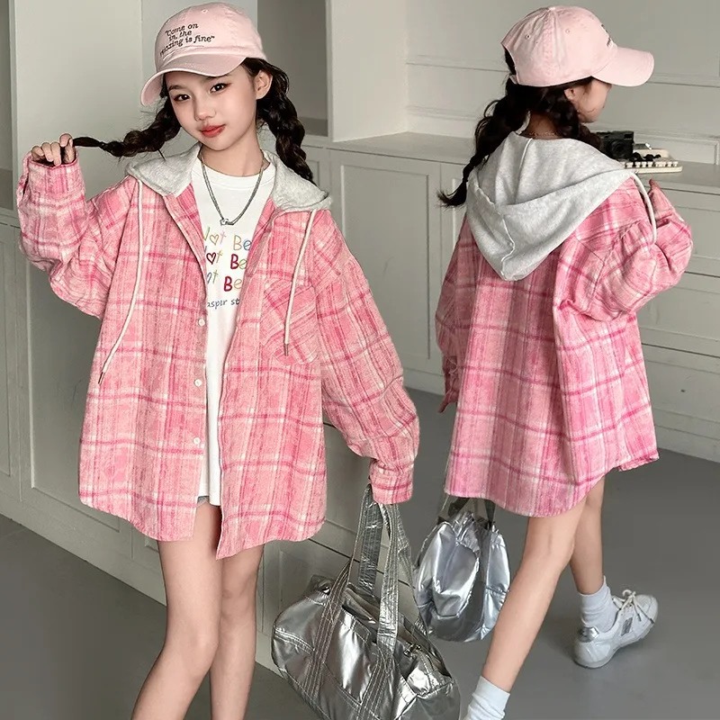 

Hot Selling Girls' Spring and Autumn Plaid Shirt 2025 New Kids Fashion Casual Plaid Coat for Middle School Girls' Hooded Top