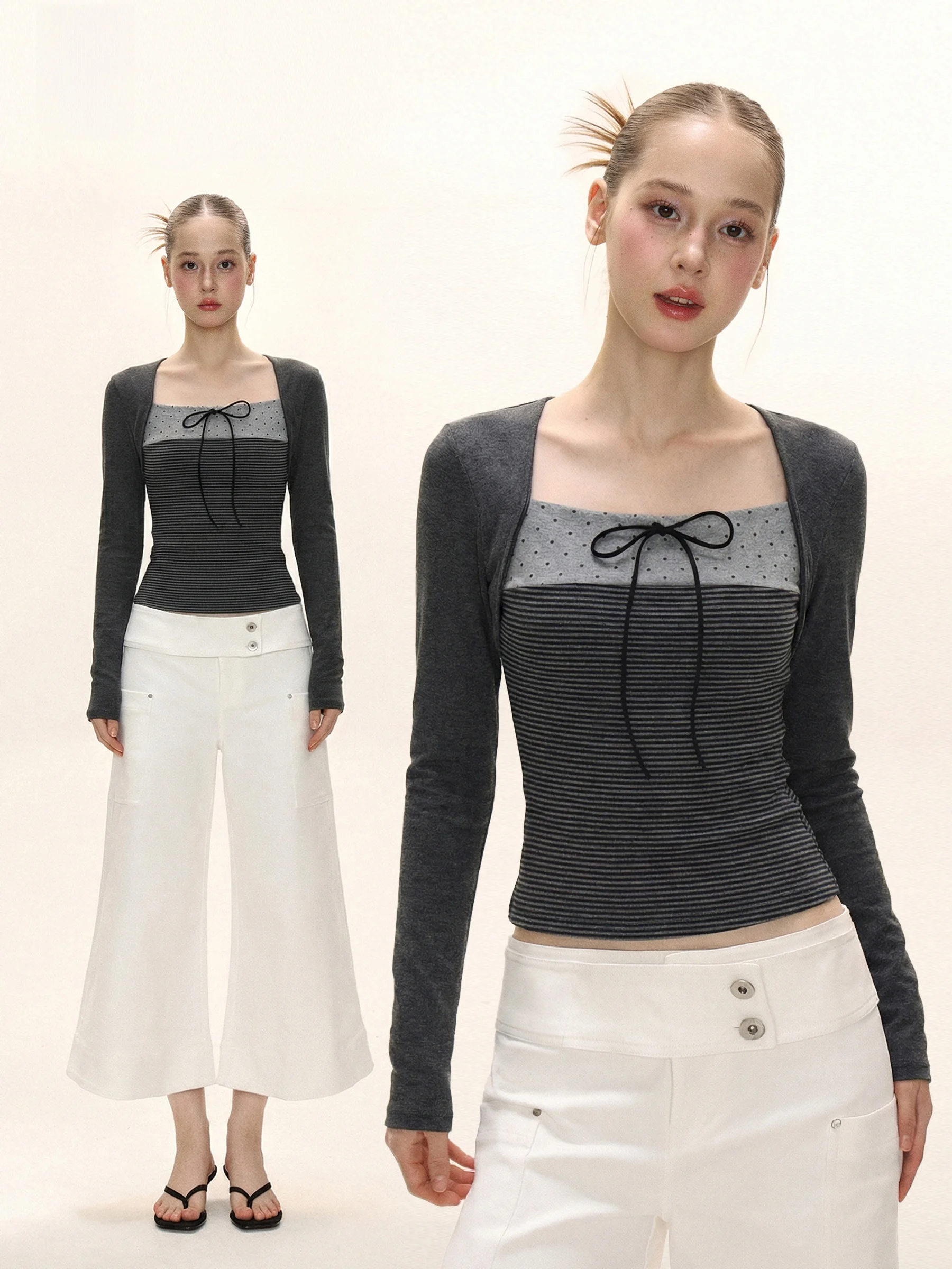 

Women's T-irt with Bow Knot Frosted Stripe Base irt Square Collar Winter Thiened Casual Sle Classic Pattern