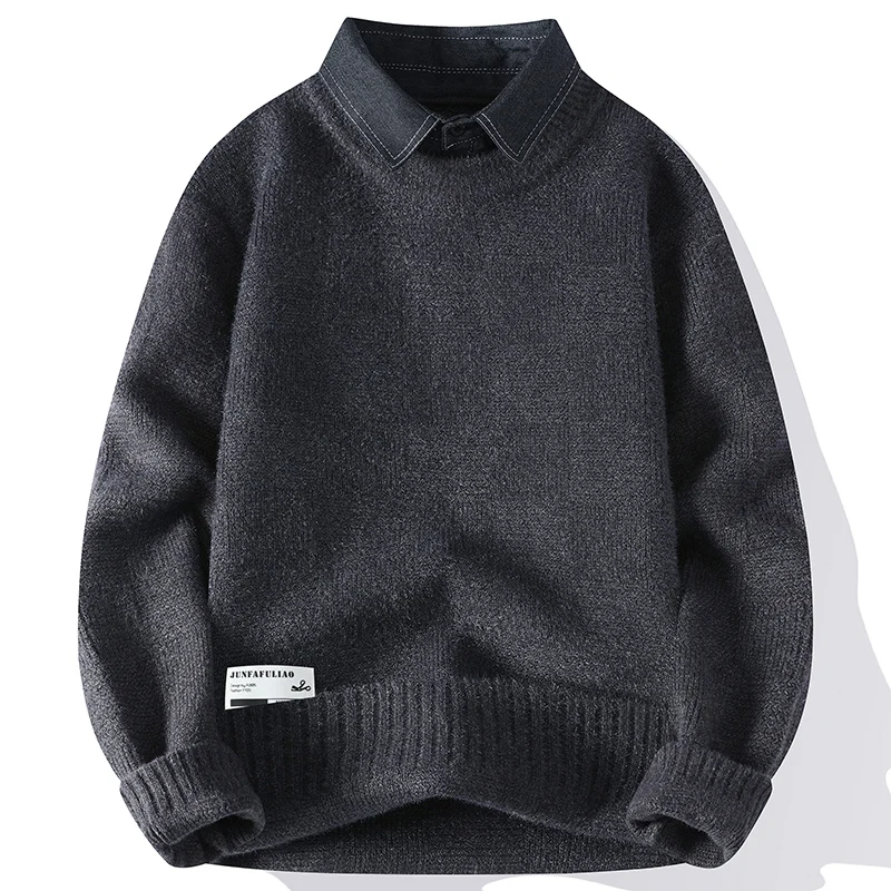 

Мужской свободный вязаный свитер на осень-зиму с воротником-стойкой, имитация двухслойности, модный брендовый повседневный свитер с геометрическим узором, длинный рукав