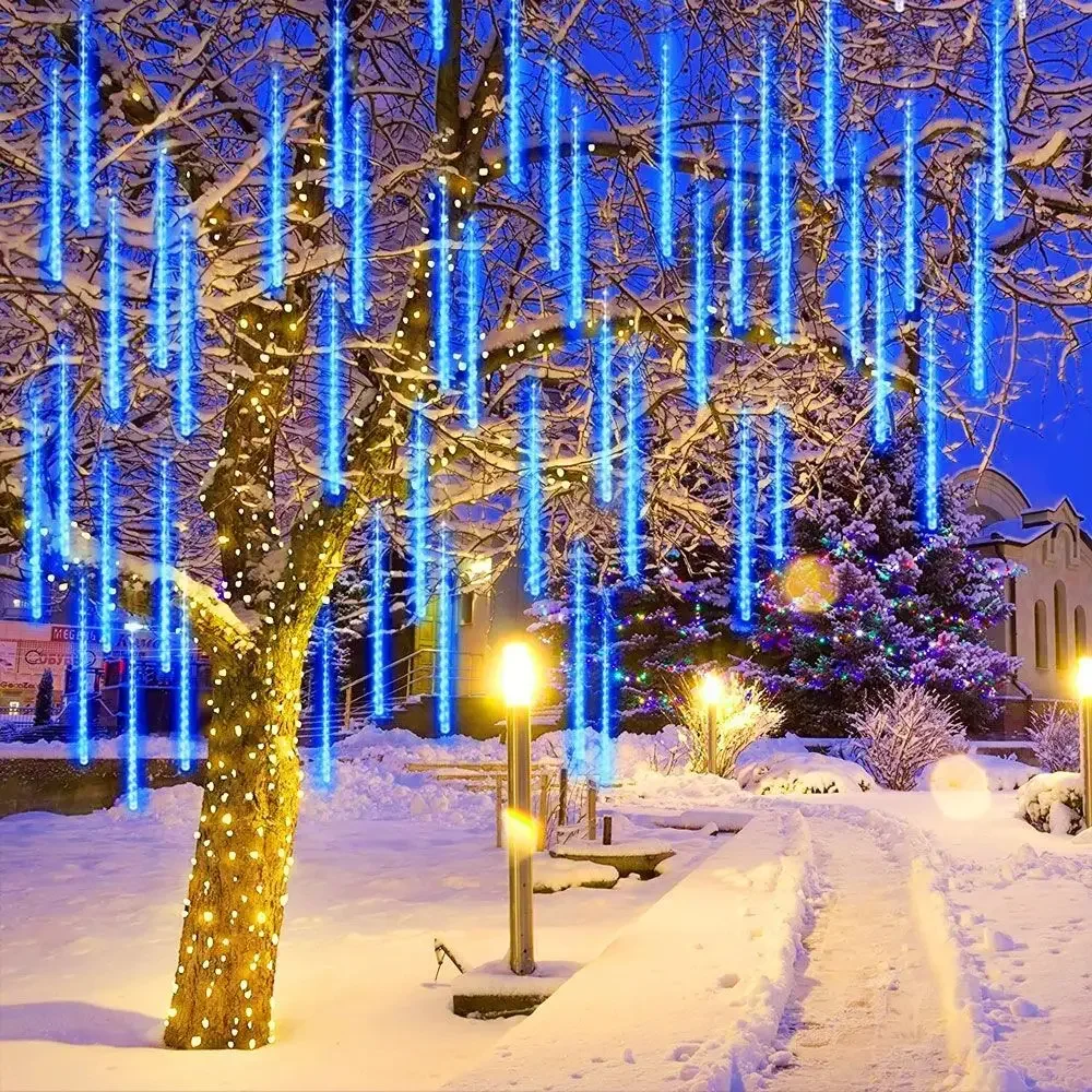 Guirxiété Lumineuse de Noël en Forme de Pluie de Météores, Guirxiété de Vacances Extérieure, Décoration de Jardin de Rue, 32/24/16/8Tubes