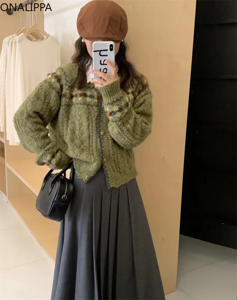 Onalippa Contrast Vintage Pattern Knitted Cardigan Slouchy Style Embroidery Casual Cardigans Korean Single Breasted Sweaters