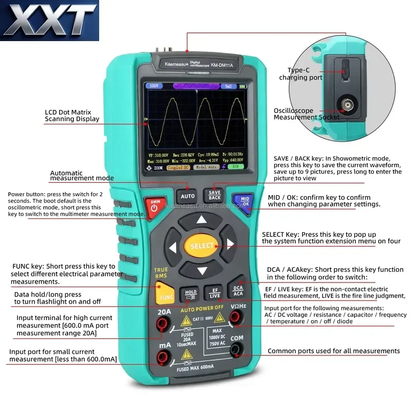XXT 2 in 1 Analog Oscilloscope Meter Digital 9999 Counts Portable Voltage Resistance Capacitance Digital Oscilloscope
